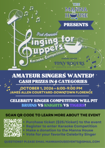 2026 Singing for Suppers flyer: amateur singers wanted, cash prizes in 5 categories, October 1 2026, 6 to 9 PM, James Allen Courtyard, downtown Florence