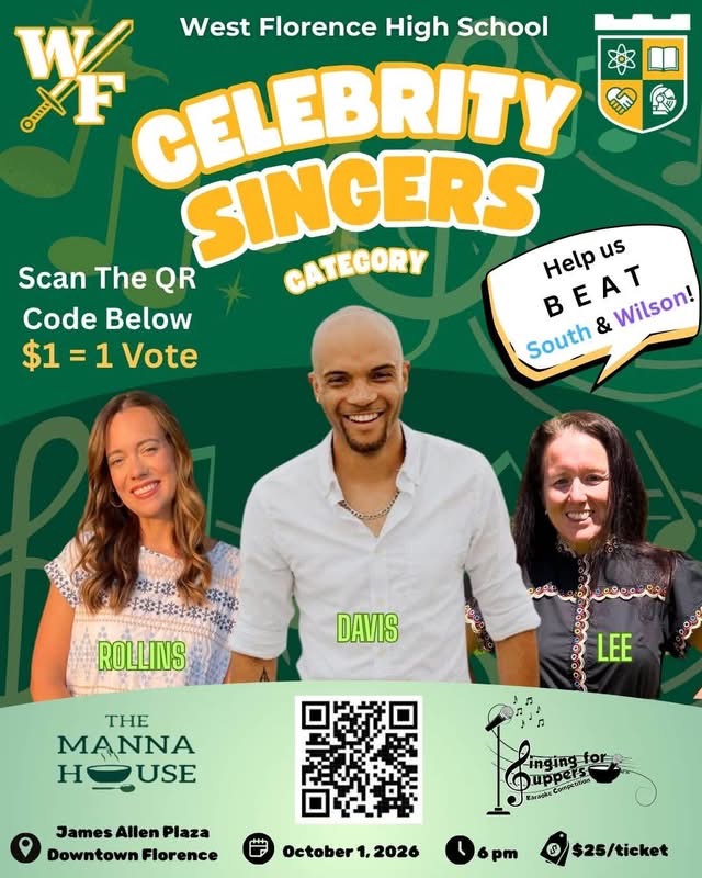 West Florence High School Knights Celebrity Singers poster: Rock Star Educators Rollins, Davis and Lee. $1 equals 1 vote.