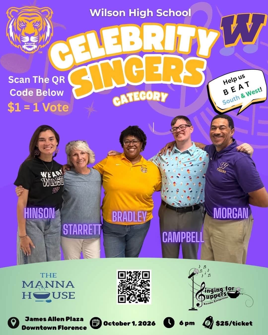 Wilson High School Tigers Celebrity Singers poster: Rock Star Educators Hinson, Starrett, Bradley, Campbell and Morgan. $1 equals 1 vote.